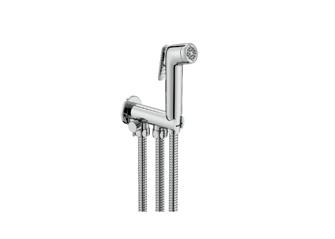 Kit de ducha bidé (2 salidas). Incluye ducha de mano, soporte de ducha con auto-stop, toma de agua y flexible metálico de 1,2 m 