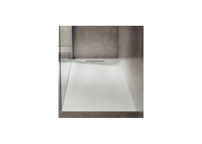 Plato de ducha extraplano de STONEX®.Superficie antideslizante con textura de arena. Incluye desagüe de gran caudal y sifón extr