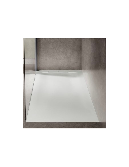 Plato de ducha extraplano de STONEX®.Superficie antideslizante con textura de arena. Incluye desagüe de gran caudal y sifón extr