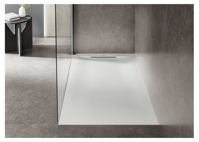 Plato de ducha extraplano de STONEX®.Superficie antideslizante con textura de arena. Incluye desagüe de gran caudal y sifón extr
