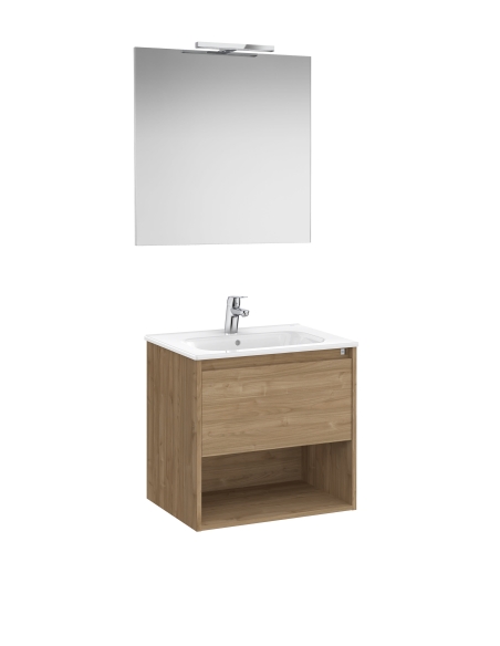 Pack conjunto de mueble de un cajón, estante abierto en la parte inferior, lavabo y espejo Luna con aplique Led. No incluye grif