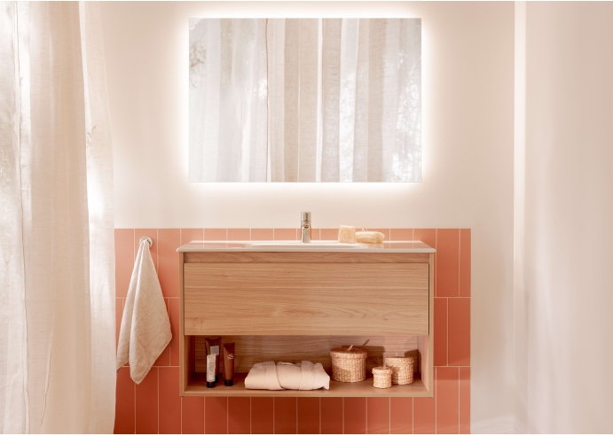 Pack conjunto de mueble de un cajón, estante abierto en la parte inferior, lavabo y espejo Luna con aplique Led. No incluye grif