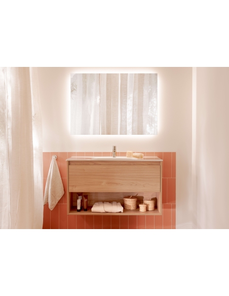 Pack conjunto de mueble de un cajón, estante abierto en la parte inferior, lavabo y espejo Luna con aplique Led. No incluye grif