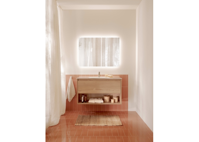 Pack conjunto de mueble de un cajón, estante abierto en la parte inferior, lavabo y espejo Luna con aplique Led. No incluye grif