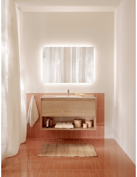 Pack conjunto de mueble de un cajón, estante abierto en la parte inferior, lavabo y espejo Luna con aplique Led. No incluye grif
