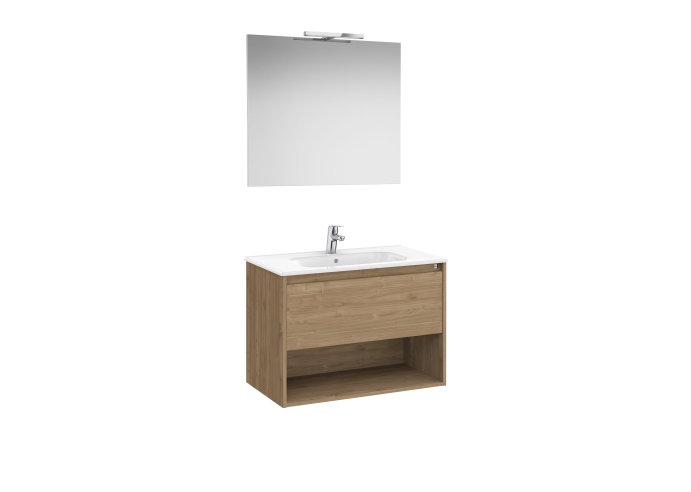 PACK- Conjunto de mueble base de un cajón, un estante abierto en la parte inferior, lavabo, espejo y aplique LED