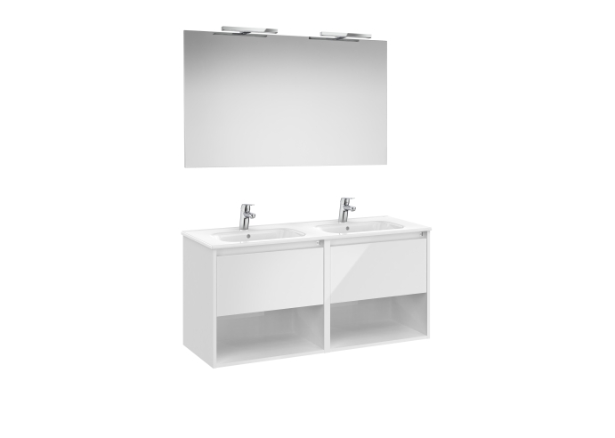 PACK- mueble base de dos cajones, dos estantes abiertos en la parte inferior, lavabo doble,espejo y apliques led. 
