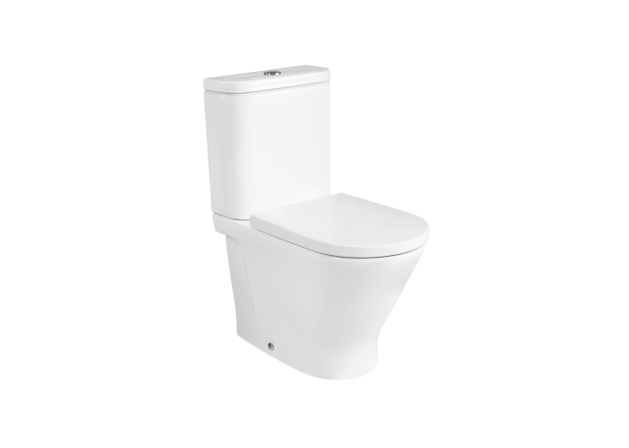 Inodoro completo compacto con salida dual, taza con sistema Rimless, cisterna de alimentación inferior y asiento. 