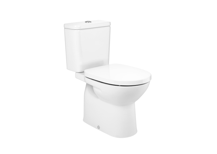 Inodoro Completo Compacto adosado a pared con salida dual, cisterna de alimentación inferior y asiento normal.