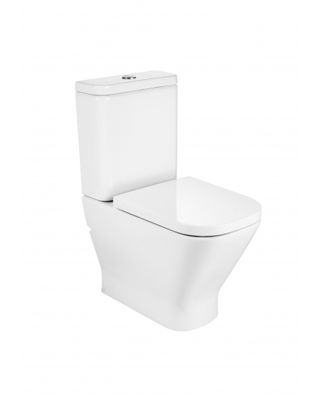 Inodoro completo compacto adosado a pared de tanque bajo, compuesto por taza con salida dual, tanque de alimentación inferior
